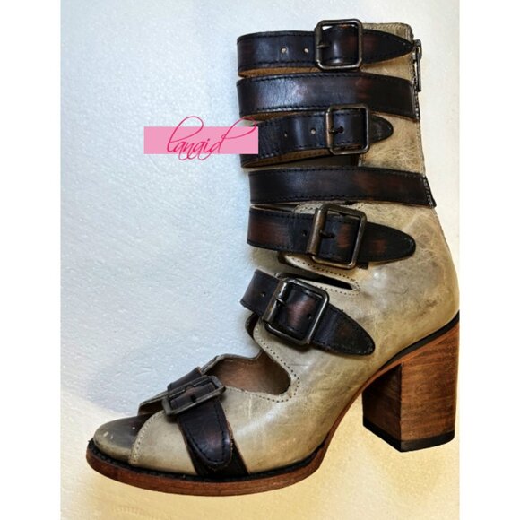 Freebird Steven Bond Stone Leather Distressed Strappy Edgy Buckles Ankle Chunky - Picture 12 of 16